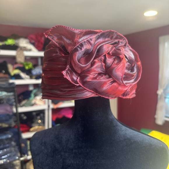 Accessories - Vintage Burgundy Satin Turban Hat Rose Detail Statement Church Derby